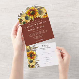 Elegant Sunflower Tan Brown Fall Wedding All In One Uitnodiging