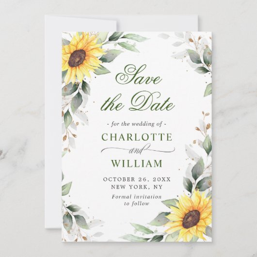 Elegant Sunflower Waterverf Greenery Wedding Save The Date (Voorkant)