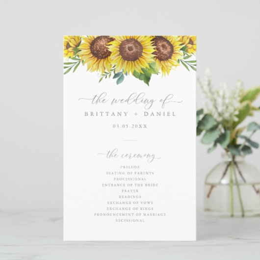 Elegant Sunflower Wedding Ceremony Programme (Staand voorkant)