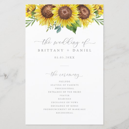 Elegant Sunflower Wedding Ceremony Programme (Voorkant)