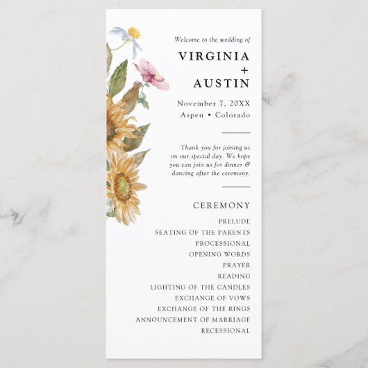 Elegant Sunflower Wedding Programma (Voorkant)
