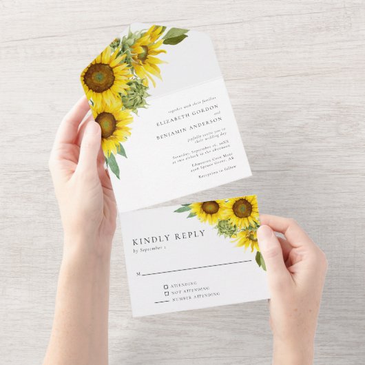 Elegant Sunflower Wedding Waterverf Floral RSVP All In One Uitnodiging (Afscheurbaar)
