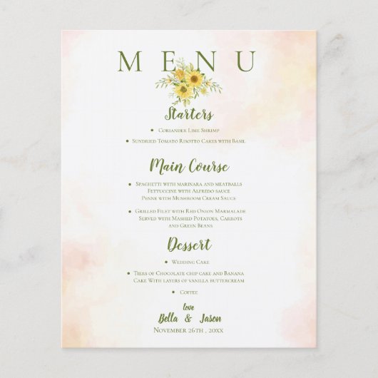 Elegant Sunflower Yellow Floral Wedding Party Menu (Voorkant)