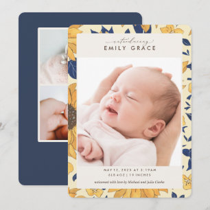 Elegant Sunflower Yellow Photo Birth Announounding Kaart