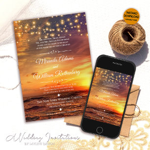 Elegant Sunset Beach String Lights Summer Wedding Kaart