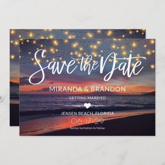 Elegant Sunset Beach String Lights Summer Wedding Save The Date (Voorkant / Achterkant)