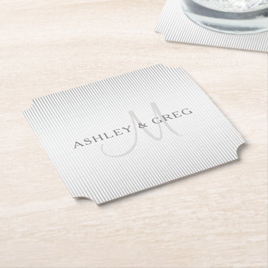 Elegant Surname Monogram & Thin Grey Stripes Kartonnen Onderzetters (Gekanteld)