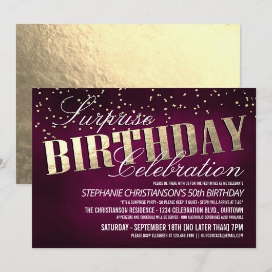 Elegant Surprise Birthday Party Kaart (Voorkant / Achterkant)