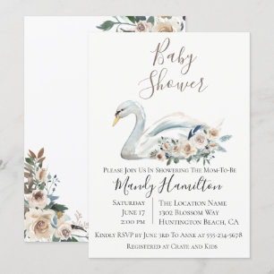 Elegant Swan Floral Baby shower Invitation Kaart