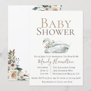 Elegant Swan Floral Neutraal Baby shower Uitnodigi Kaart