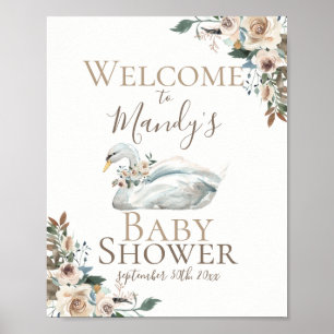 Elegant Swan Floral neutraal Baby shower Welkom Poster