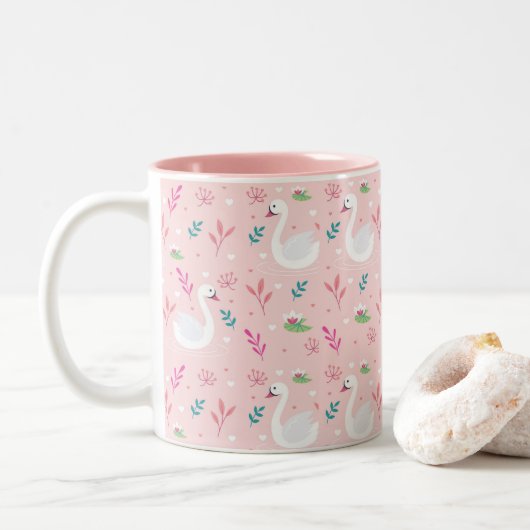 Elegant Swan Pattern Tweekleurige Koffiemok (Met donut)