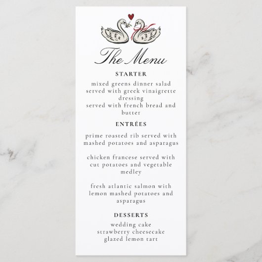 Elegant Swans Romantic Love Script Dinner Menu (Voorkant)