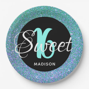 Elegant Sweet 16 Aqua Blue Glitter Personalized Papieren Bordje