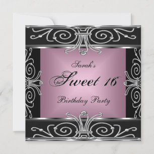 Elegant Sweet 16 Birthday Pink Black Silver Kaart