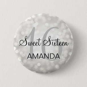 Elegant Sweet 16 Birthday Silver Glitter Lights Ronde Button 5,7 Cm
