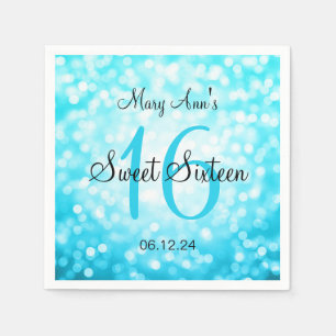 Elegant Sweet 16 Birthday Turquoise Glitter Lights Servet