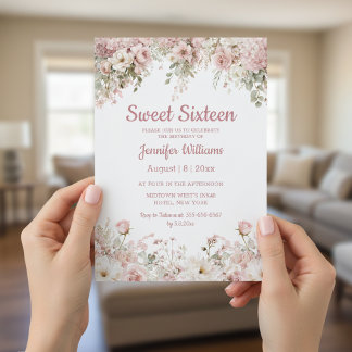 elegant sweet 16 birthday watercolor pink floral  kaart