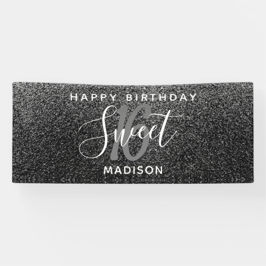 Elegant Sweet 16 Black Silver Faux Glitter Name Spandoek (Horizontaal)