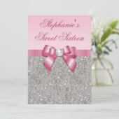 Elegant Sweet 16 Faux Silver Sequins Pink Bow Kaart (Staand voorkant)