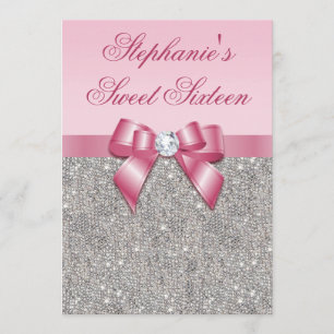 Elegant Sweet 16 Faux Silver Sequins Pink Bow Kaart
