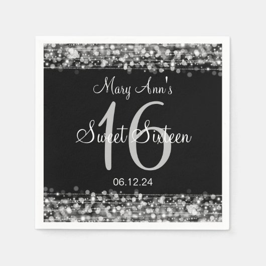 Elegant Sweet 16 Verjaardagsfeest Sparkles Zilver Servetten (Voorkant)