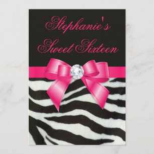 Elegant Sweet 16 Zebra Stripes Hot Pink Bow Kaart