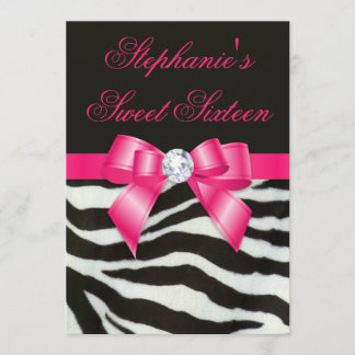 Elegant Sweet 16 Zebra Stripes Hot Pink Bow Kaart