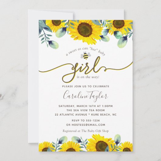 Elegant Sweet Bee Zonnebloemen Meisje Baby shower Kaart (Voorkant)