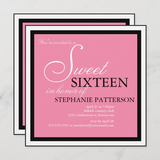 Elegant Sweet Sixteen Roze Uitnodiging (Voorkant / Achterkant)