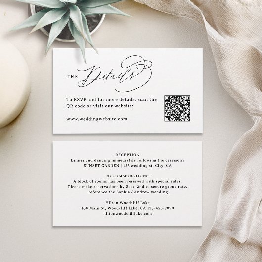 Elegant Swirl Script QR Code Wedding Details Plaatskaartje