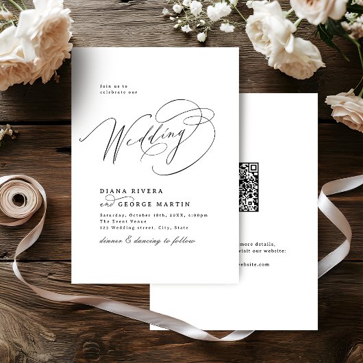 Elegant Swirl Script Simple QR code Wedding Kaart
