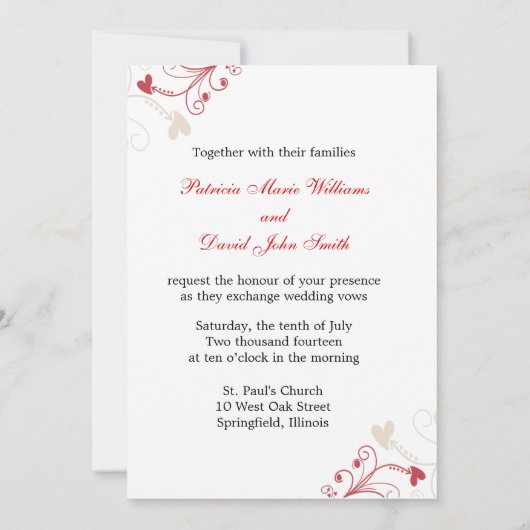 Elegant Swirl Wedding Invitations:rood en ivoor Kaart (Achterkant)