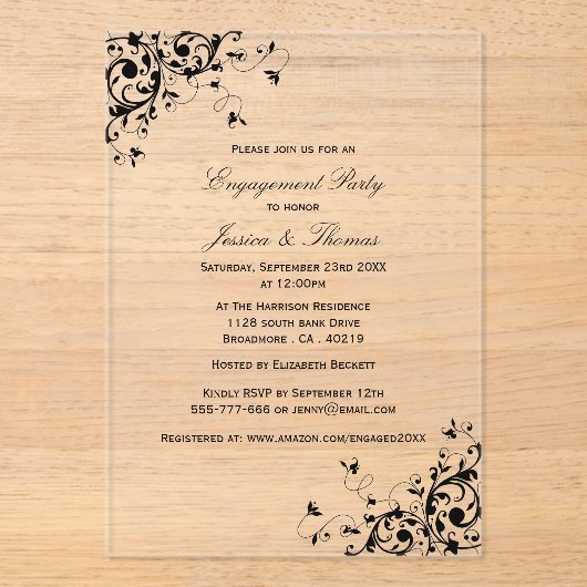 Elegant Swirls Black & White Engagement Party Acryl Uitnodigingen (Voorkant)