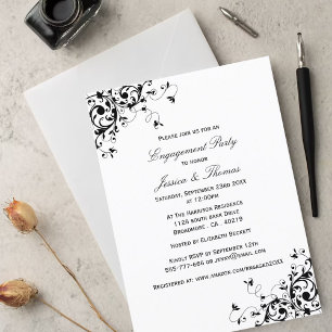 Elegant Swirls Black & White Engagement Party Kaart
