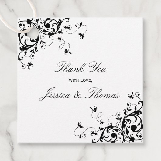 Elegant Swirls Black & White Wedding Bedankjes Labels (Voorkant)