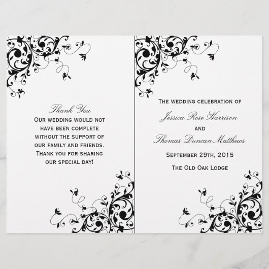Élégant Swirls Black & White Wedding Programme (Devant)