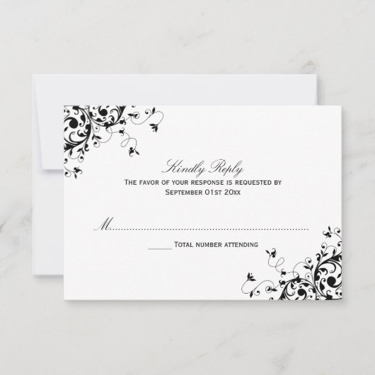 Elegant Swirls Black & White Wedding RSVP Kaarten (Voorkant)