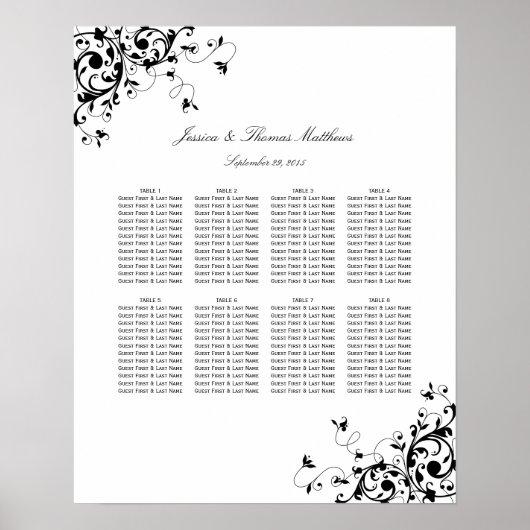 Elegant Swirls Black & White Wedding Seding Chart Poster (Voorkant)
