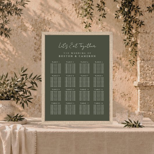 Élégant tableau de placement de mariage vert olive