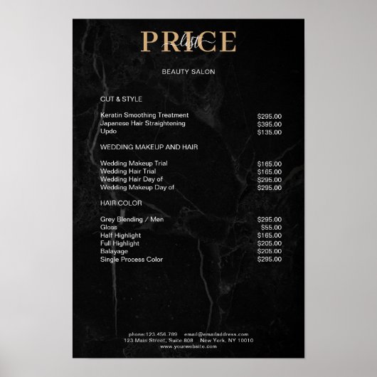 Elégant tableau de prix en marbre noir (Devant)