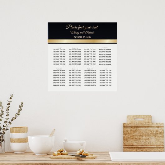 Élégant tableau de sièges mariage noir blanc et or (Cuisine)