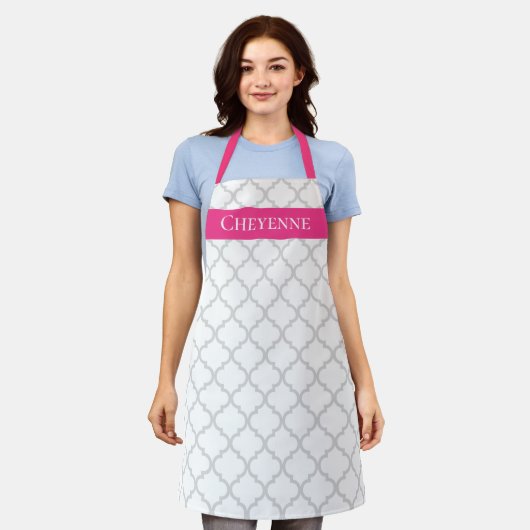 Elégant tablier de cuisine motif gris rose quatref (Porté)