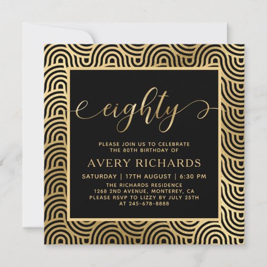 Elegant Tachtig Script Zwart en Goud 80ste Verjaar Kaart (Voorkant)