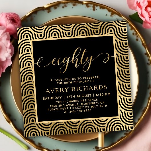 Elegant Tachtig Script Zwart en Goud 80ste Verjaar Kaart