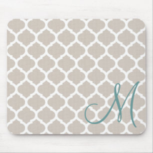 Elegant tan-trellis patroon. Blauwgroen monogram Muismat
