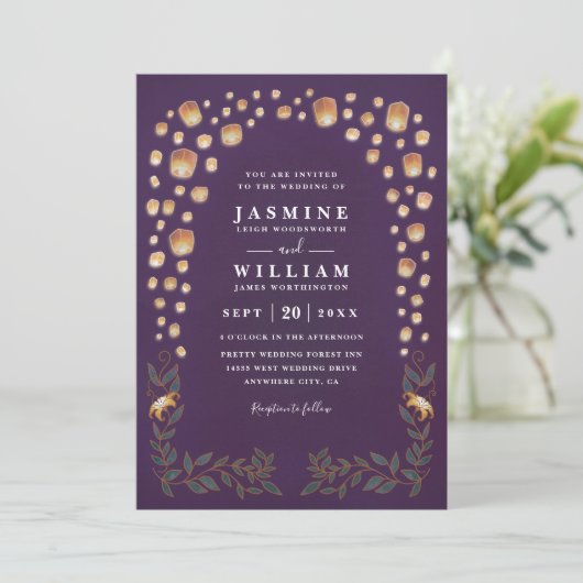 Elegant Tangled Lanterns Budget QR Code Wedding Kaart (Staand voorkant)