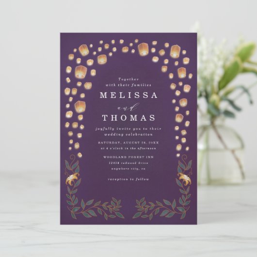 Elegant Tangled Lanterns Budget QR Code Wedding Kaart (Staand voorkant)