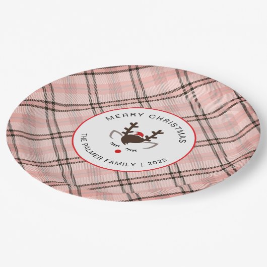 Elegant Tartan Plaid & Reindeer Christmas Family Papieren Bordje (Gekanteld)
