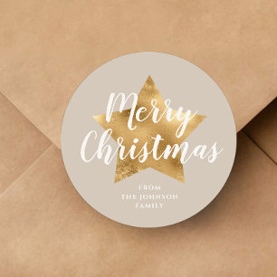 Elegant Taupe Beige Faux Gold Star Merry kerst Ronde Sticker
